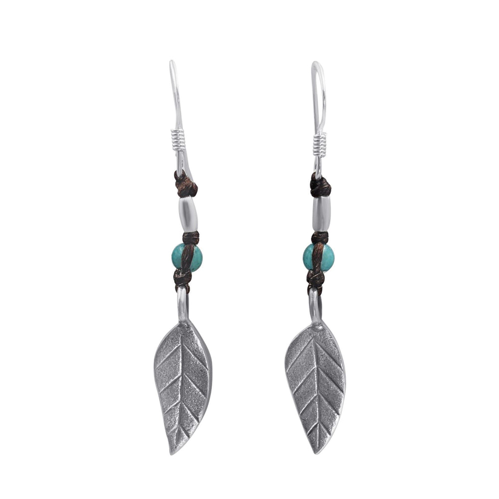 Hill Tribe Silver Leaf Turquoise Bead Boho Drop Earrings