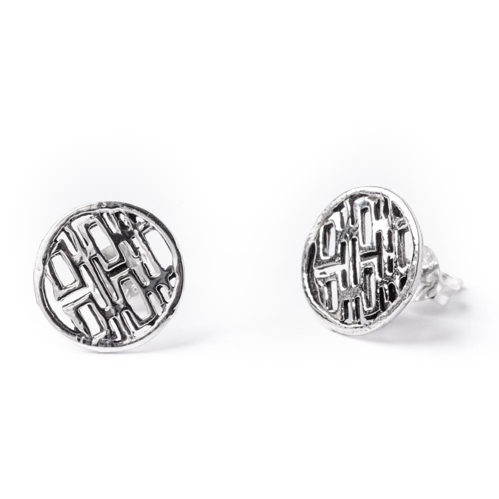 Sterling Silver Round Double Happiness Feng Shui Chinese Stud Earrings