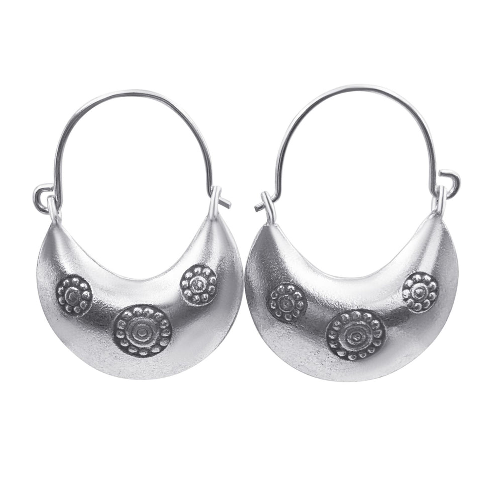Hill Tribe Silver Crescent Hoops Engraved Tribal Chubby Hoop Earrings