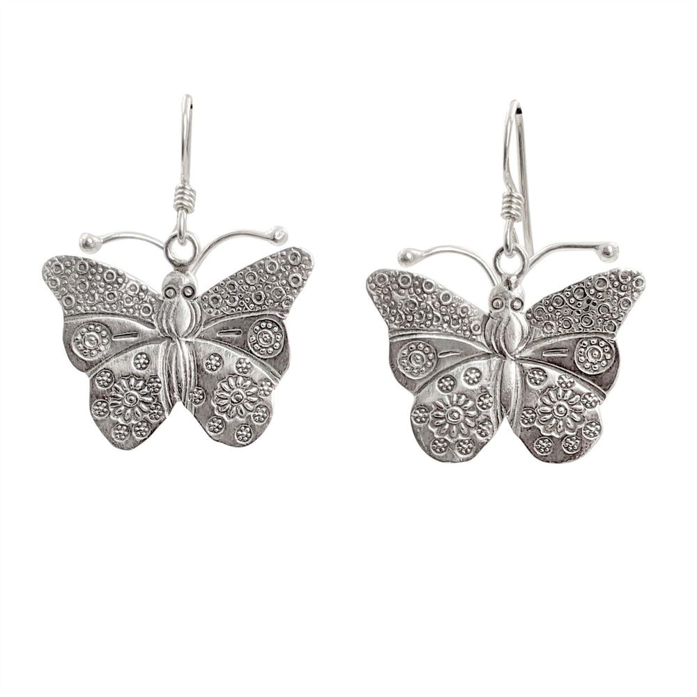 Hill Tribe Silver Large Butterfly Dangle Earrings Floral Motif