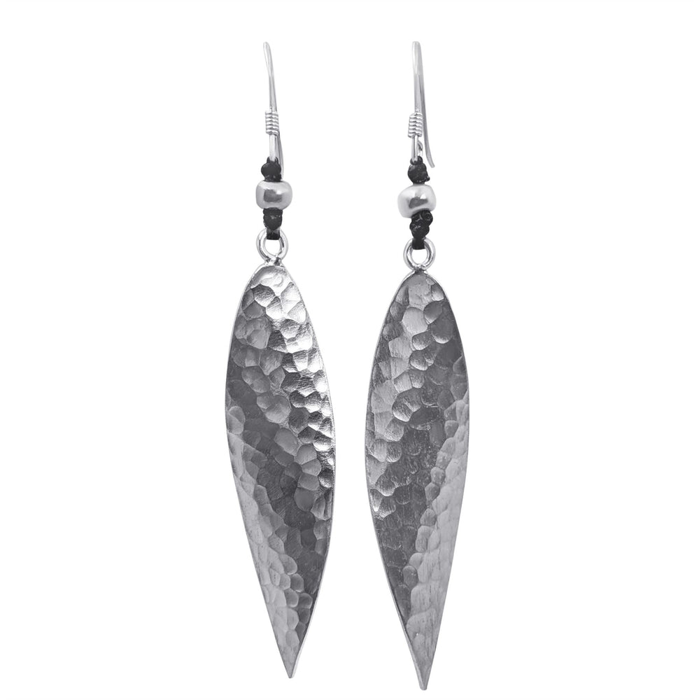 Hill Tribe Silver Long Hammered Leaf Shaped Statement Earrings