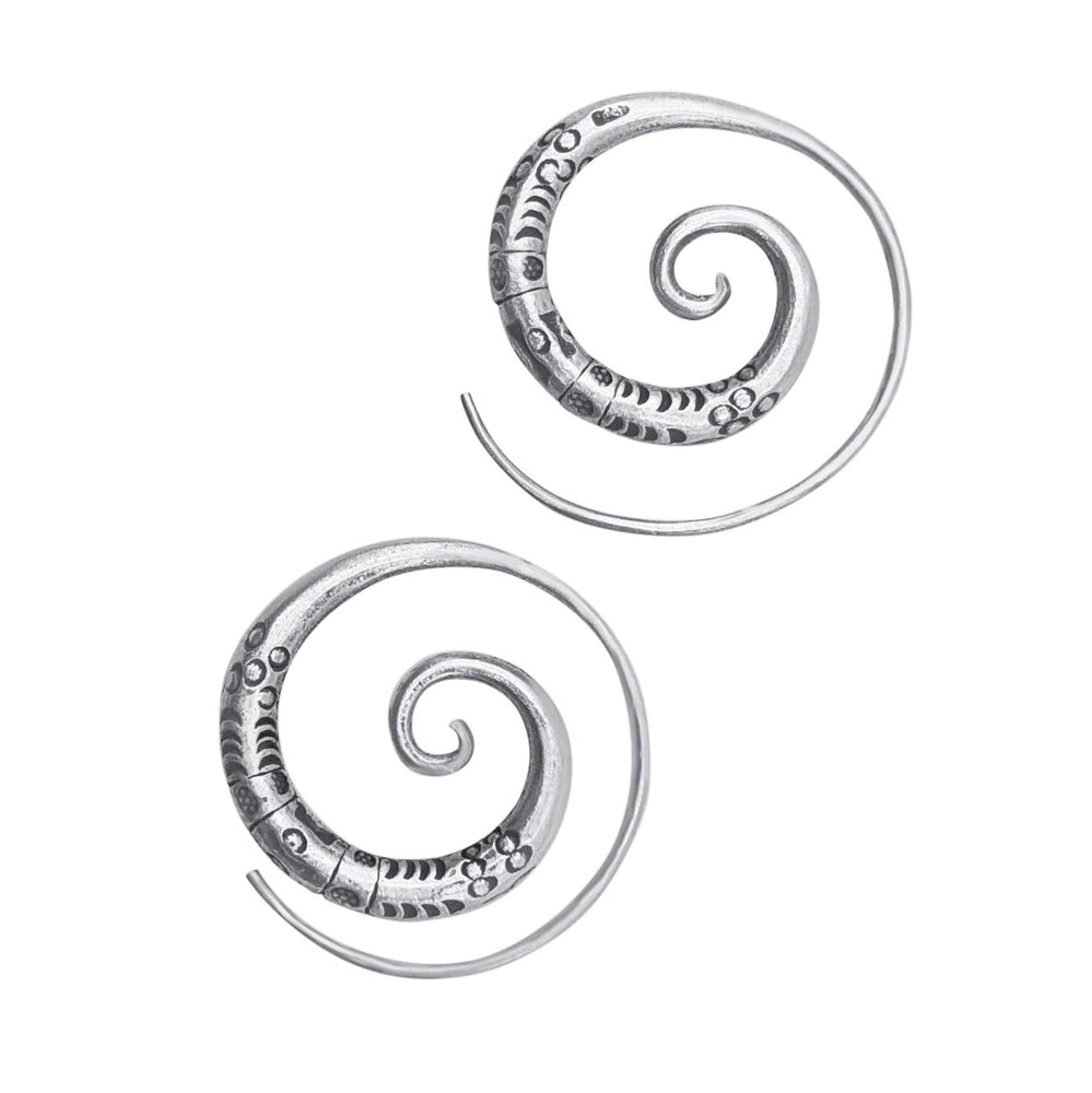 Hill Tribe Silver Chunky Spiral Threader Earrings Tribal Motif Hoops