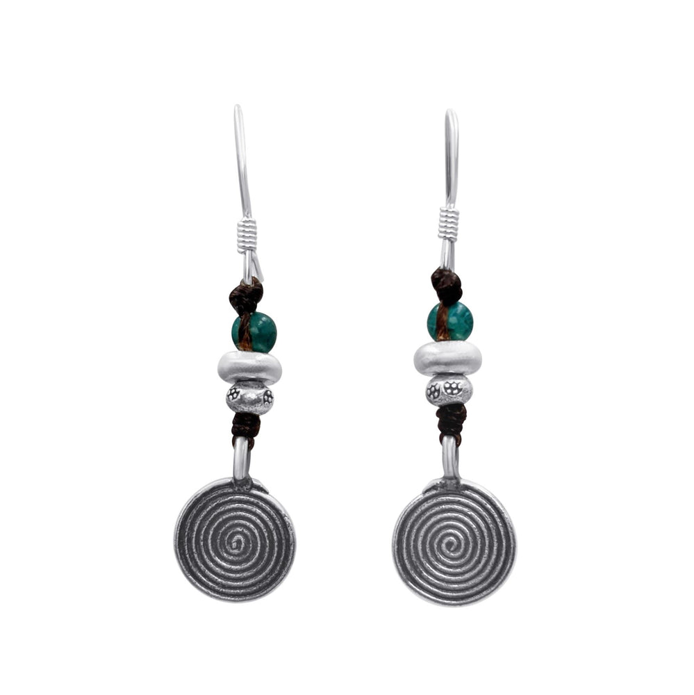 Hill Tribe Silver Round Spiral Disc Turquoise Beaded Earrings