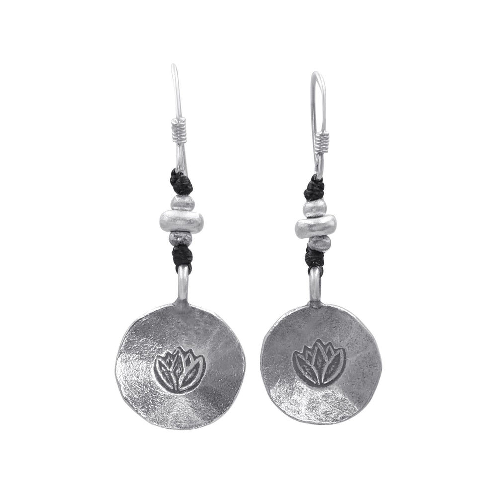 Hill Tribe Silver Disc Lotus Engraved Dangle Earrings Beaded
