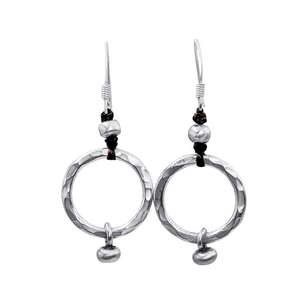 Hill Tribe Silver Hammered Open Circle Beaded Dangle Earrings