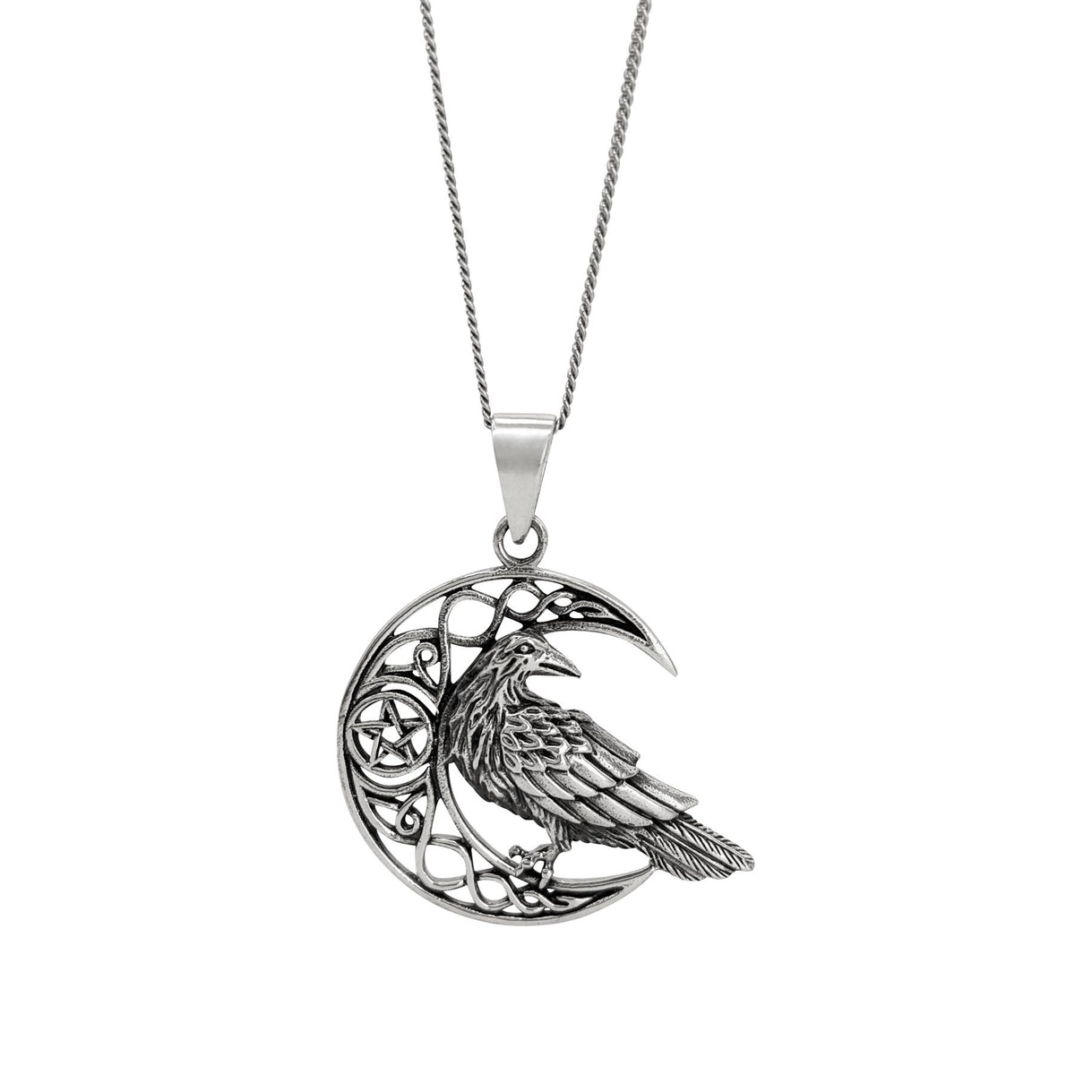 Sterling Silver Celtic Moon and Raven Necklace | Gothic Jewellery