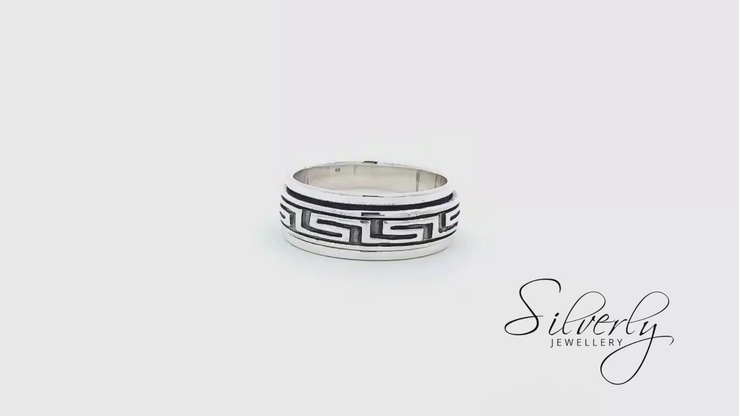 Sterling Silver Greek Key Pattern Spinner Band Ring Fidget Design