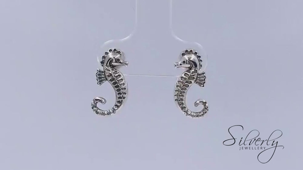 
                  
                    Load and play video in Gallery viewer, Sterling Silver Seahorse Studs Textured Stud Earrings Ocean Jewellery
                  
                