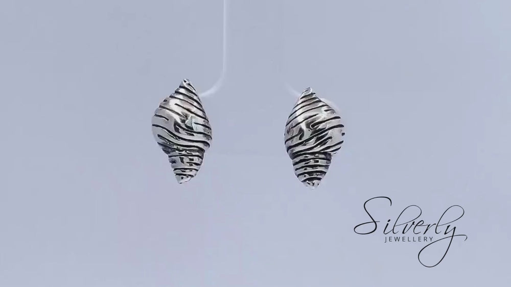 
                  
                    Load and play video in Gallery viewer, Sterling Silver Seashell Stud Earrings Beach Style Studs Banded Tulip
                  
                