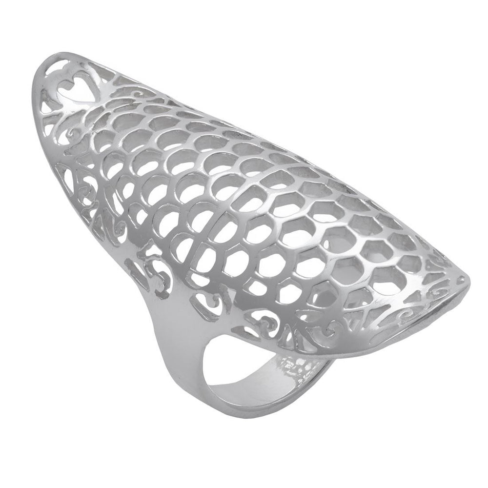 Sterling Silver Long Half-Finger Filigree Honeycomb Armour Ring
