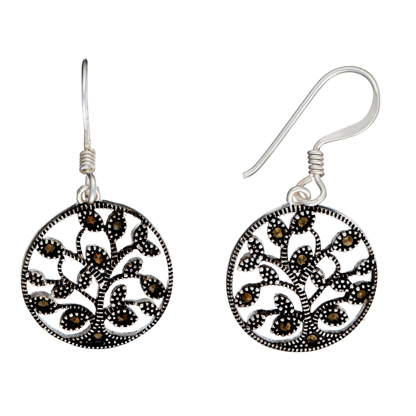 Sterling Silver Marcasite Tree Of Life Dangle Earrings - Silverly