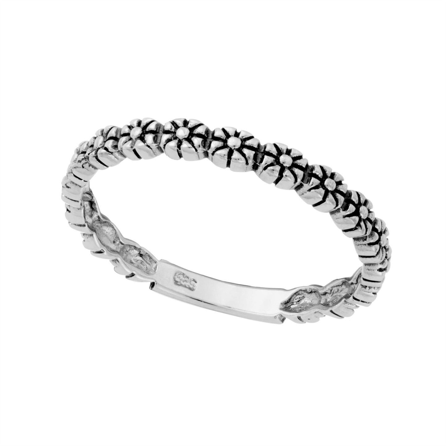 Sterling Silver Daisy Chain Ring Thin Stackable Band With Flowers