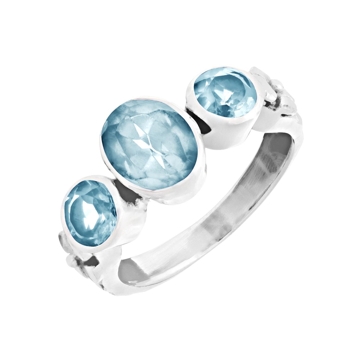 Sterling Silver Triple Oval Blue Topaz Three Stone Trilogy Ring