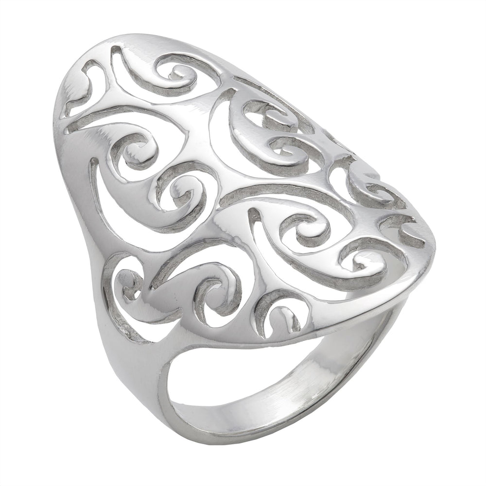 Sterling Silver Statement Filigree Armour Ring Spiral Cut-Out Pattern