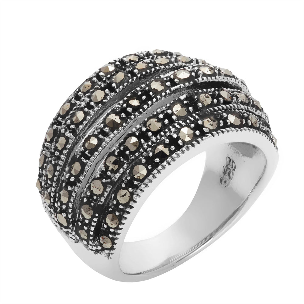 Sterling Silver Marcasite Art Deco Style Wide Multi-Layer Ring