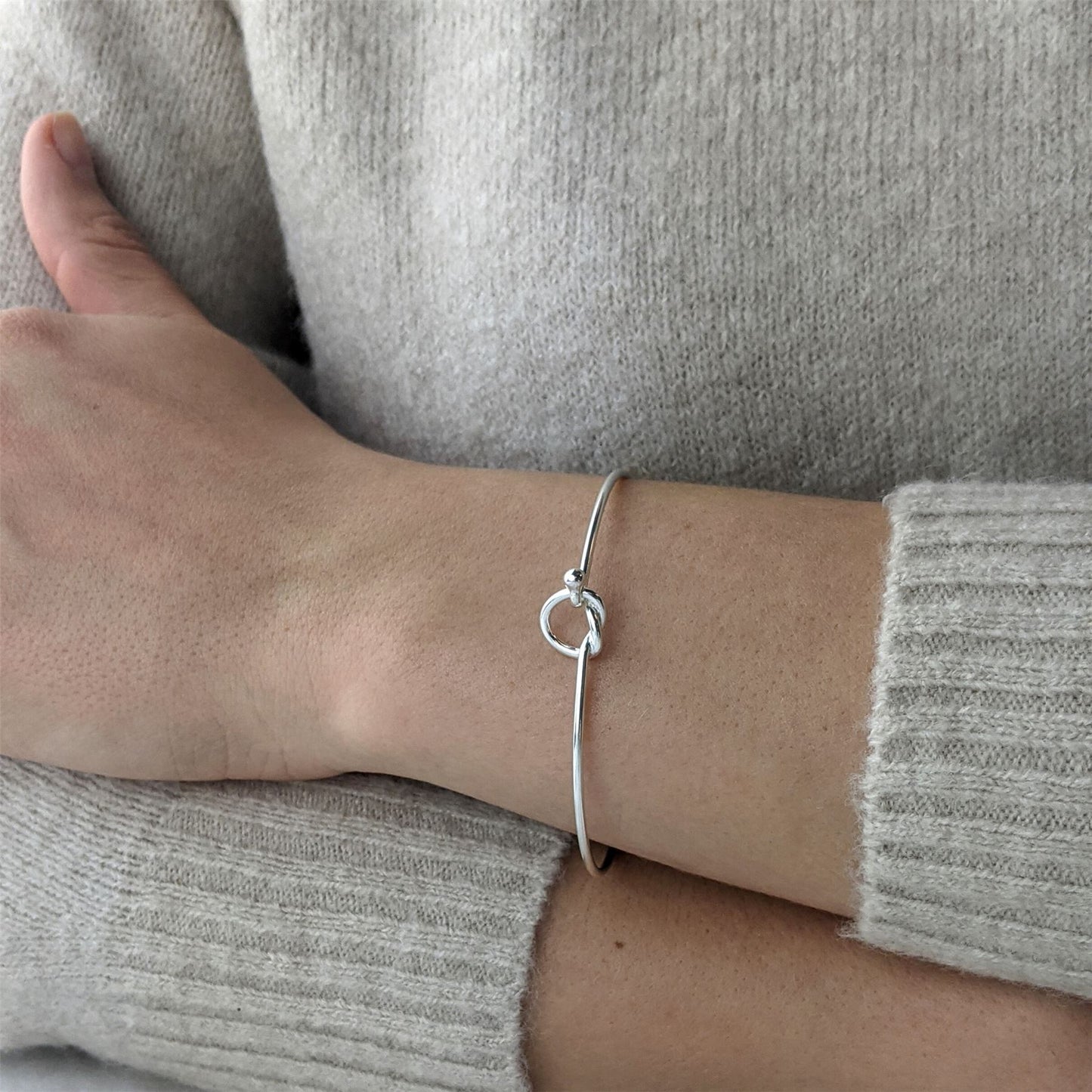 Sterling Silver Friendship Knot Bangle Thin Bracelet With Hook Clasp