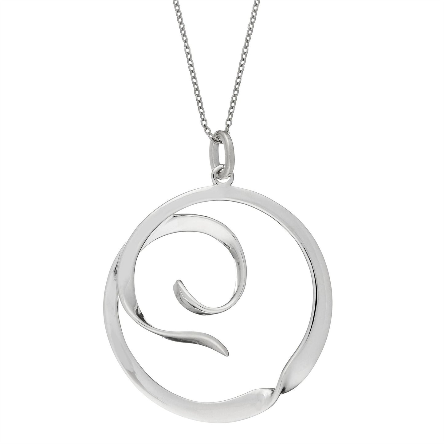 Sterling Silver Large Round Swirl Twist Ribbon Circle Pendant Necklace