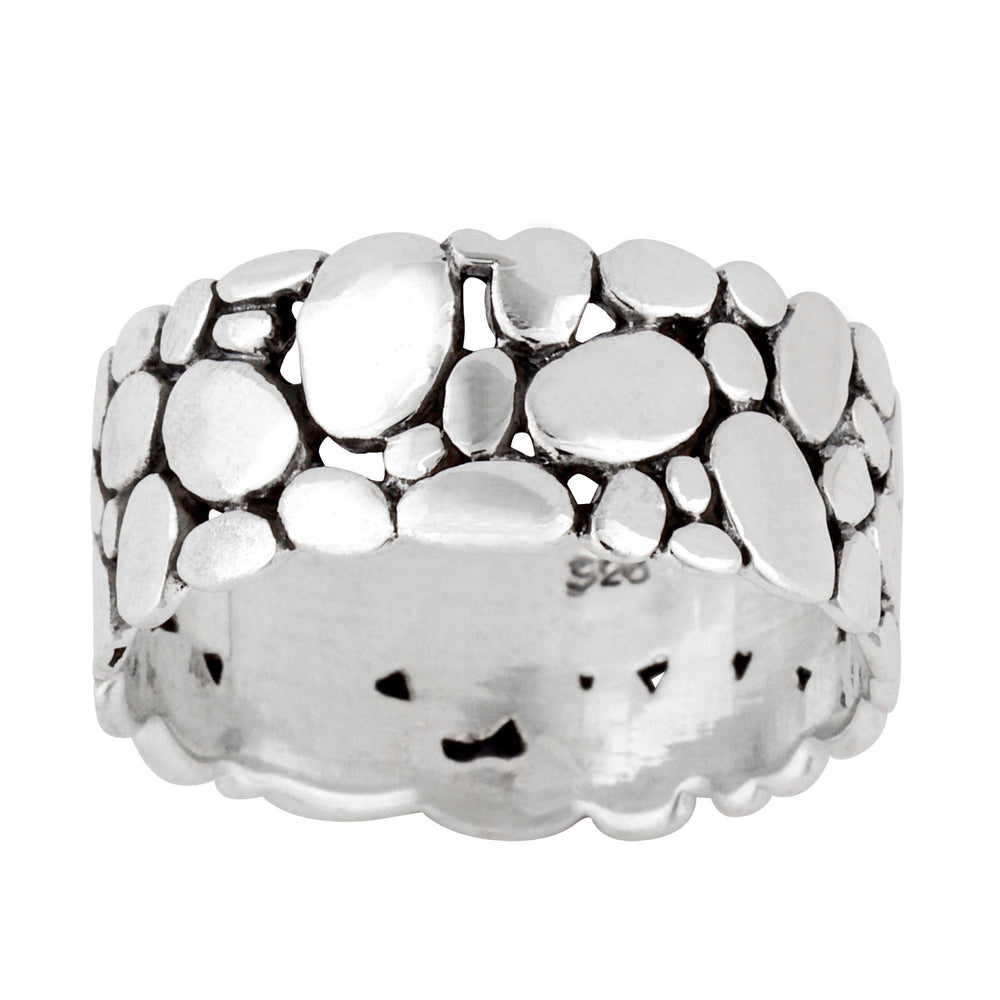 Sterling Silver Wide Unique Beach Pebble Stone Wall Band Ring