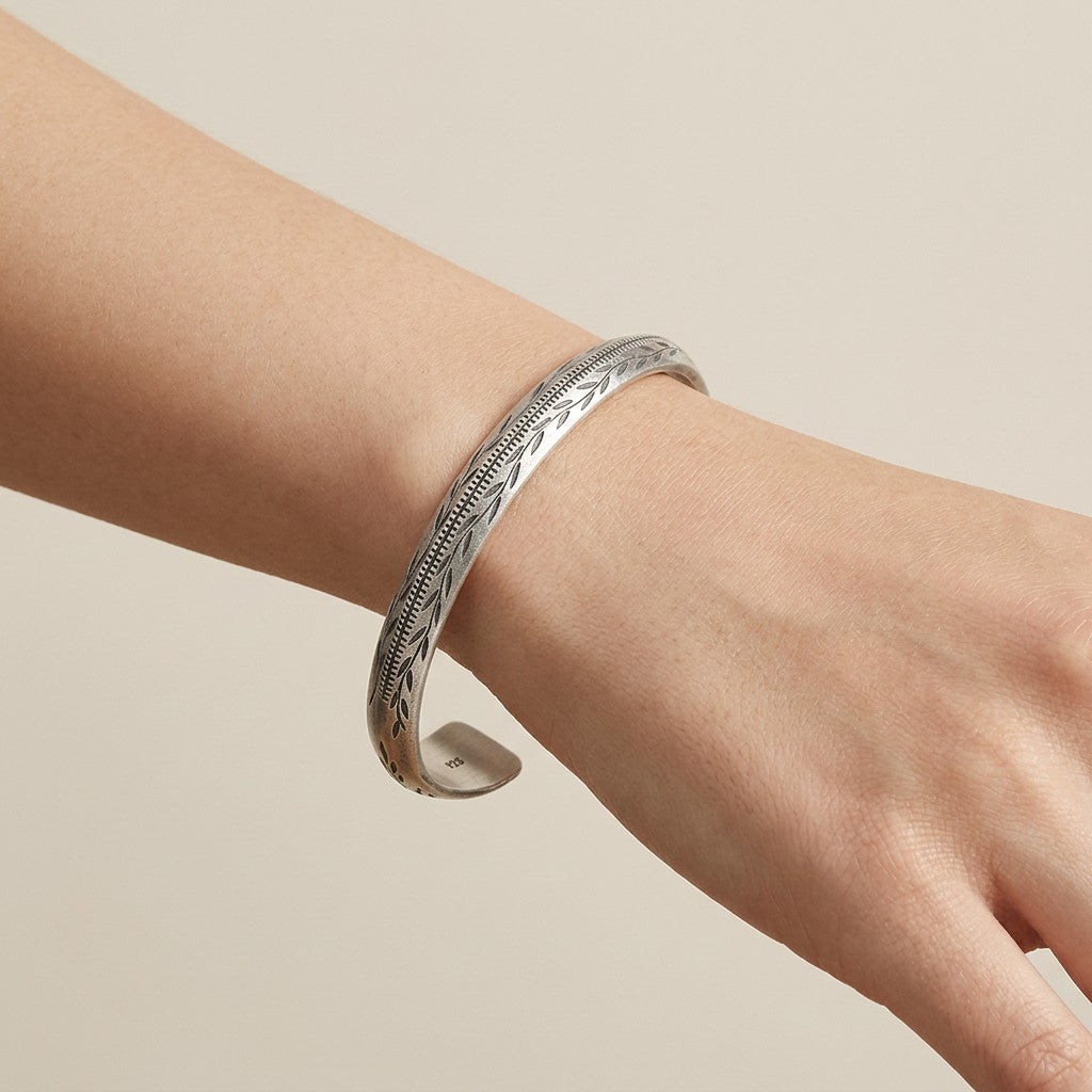 Karen Hill Tribe Leaf Engraved Cuff Bangle | Pure Silver Bracelet