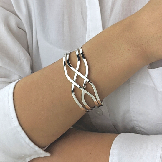 Sterling Silver Celtic Knot Wide Cuff Bangle - Woven Crossover Design