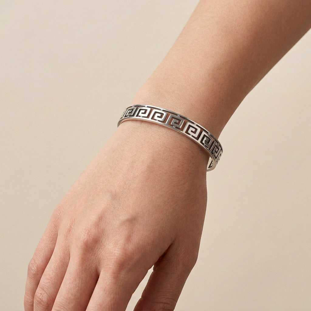 Sterling Silver Greek Key Bangle | Cuff Bracelet | Silverly