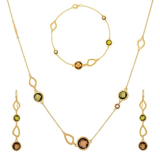 Brushed Gold Plated Sterling Silver Green and Orange Bead Jewellery Set