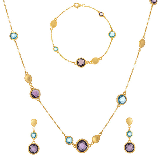 Brushed Gold Plated Sterling Silver Purple and Blue Bead Jewellery Set