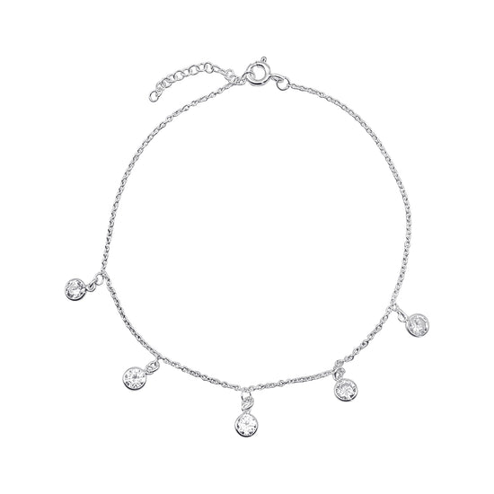 Sterling Silver Cubic Zirconia Anklet - Round Crystal Bead Detail