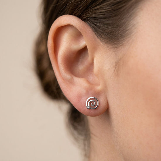 Sterling Silver Round Spiral Stud Earrings - Small Swirl Disc Studs
