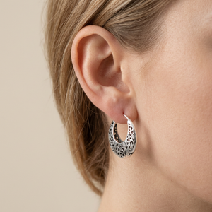 
                  
                    Sterling Silver Filigree Hoop Earrings - Tapered Crescent Hoops
                  
                