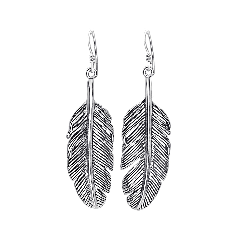 Sterling Silver Large Textured Feather Dangle Earrings - Silverly