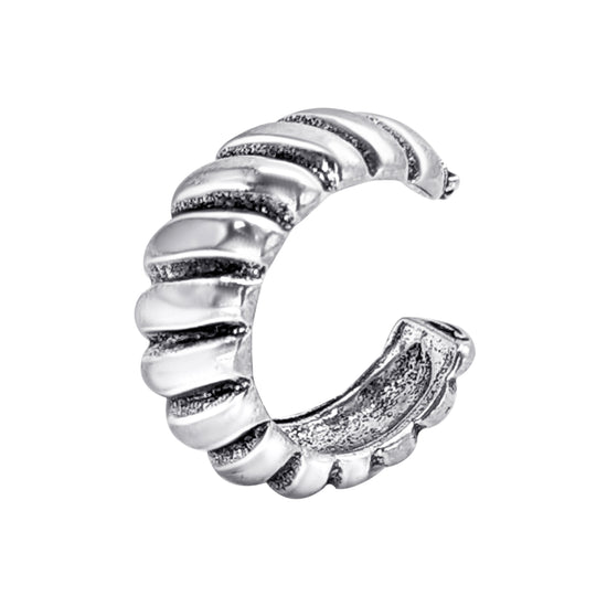 Sterling Silver Croissant Ribbed Ear Cuff - Fake Piercing Earring