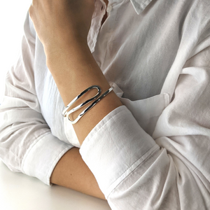 
                  
                    Sterling Silver Twist Loop Adjustable Open Cuff Bangle - Modern Wave Bracelet
                  
                