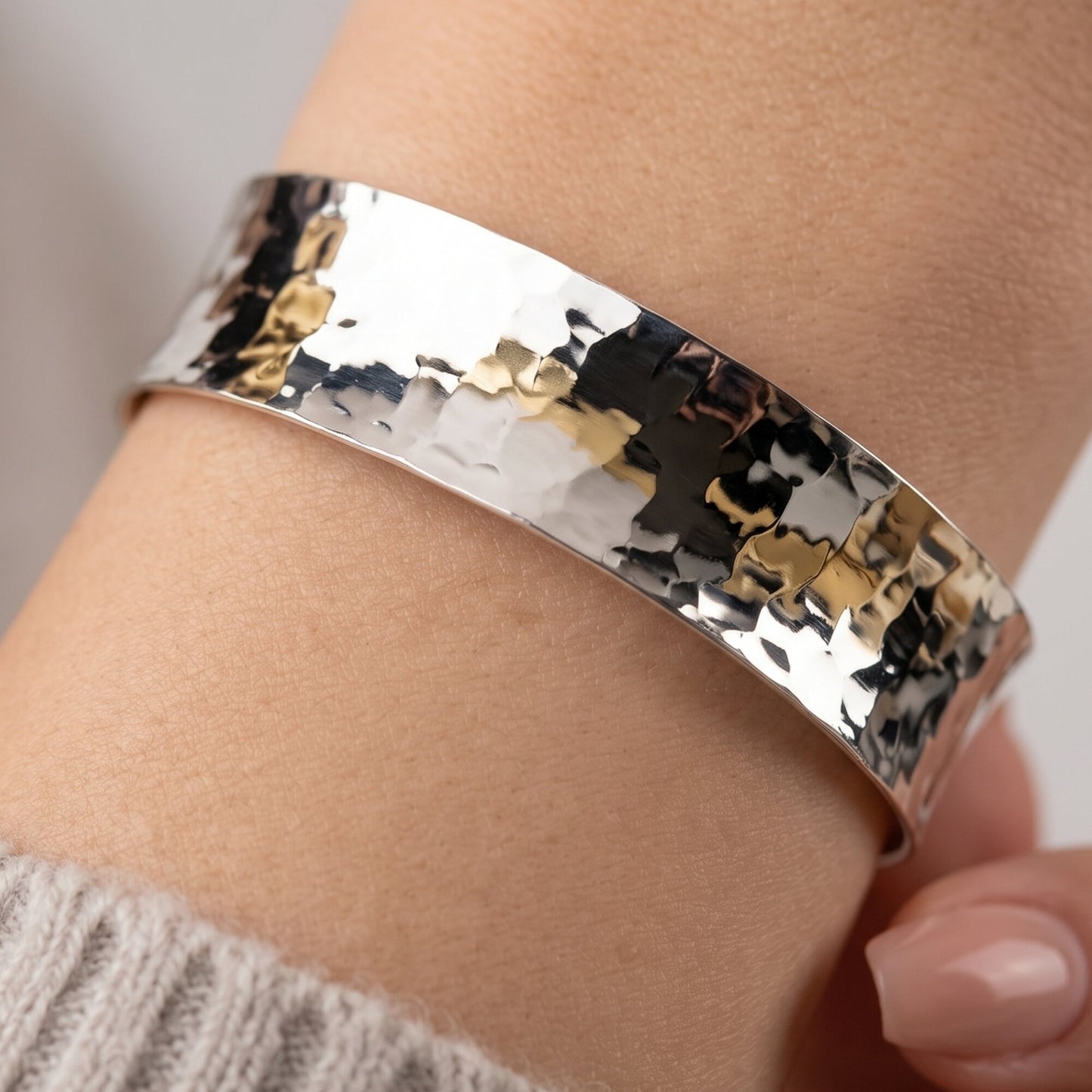 Sterling silver wide hammered cuff bangle — 15mm adjustable concave bracelet