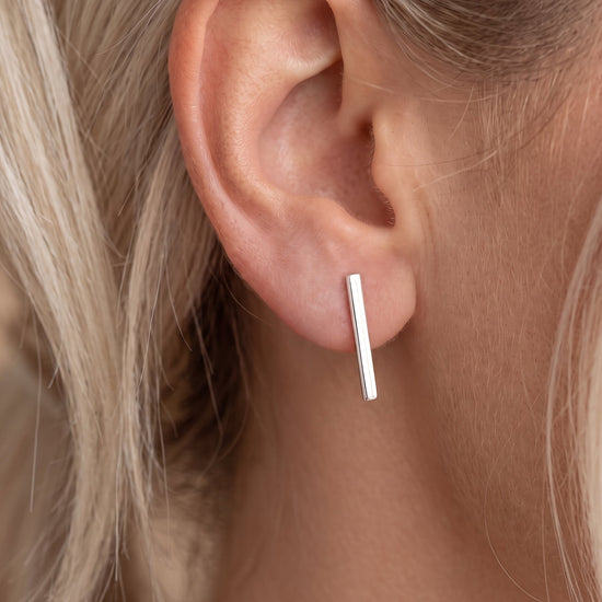 Sterling Silver Bar Stud Earrings - Long Flat-Edge Rectangle Studs