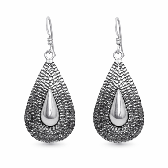 Hill Tribe Silver Large Teardrop Dangle Earrings - Tribal Motif Design