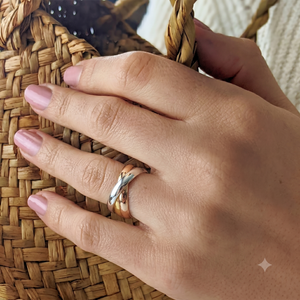 
                  
                    Rose gold, yellow gold and silver Russian wedding ring worn on finger
                  
                