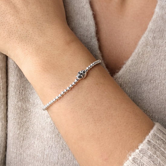 Sterling Silver Skull Charm Stretch Bracelet - Ball Bead Design