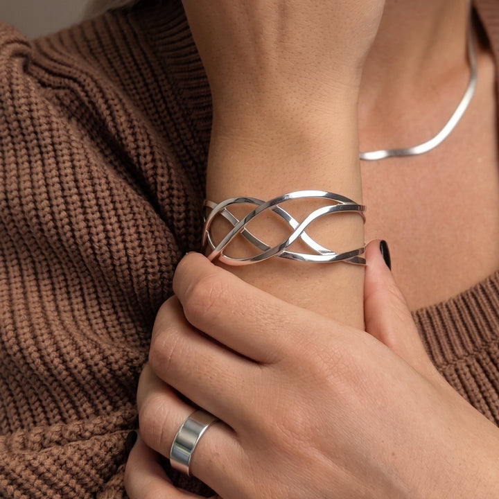Wide Celtic knot bangle in 925 sterling silver — woven knotwork cuff