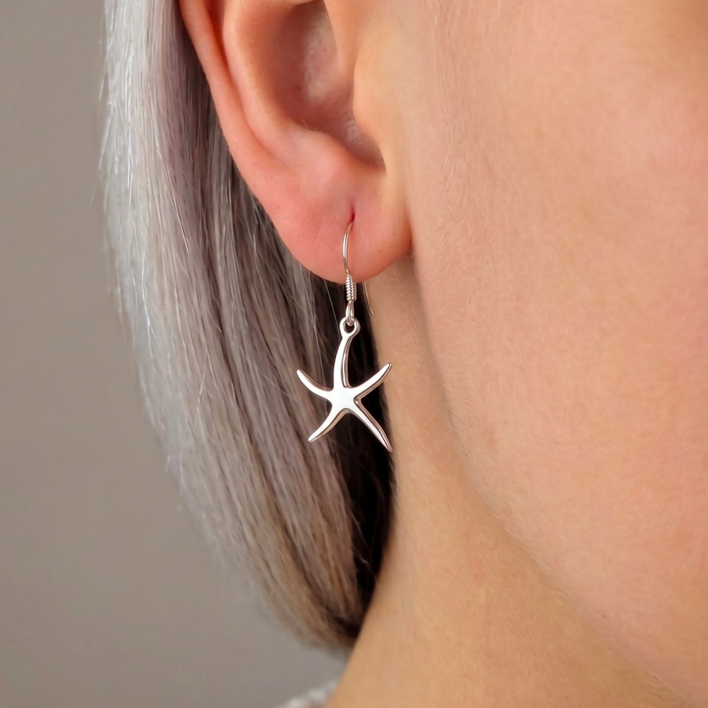 Sterling silver starfish dangle earrings — 30mm marine-life design