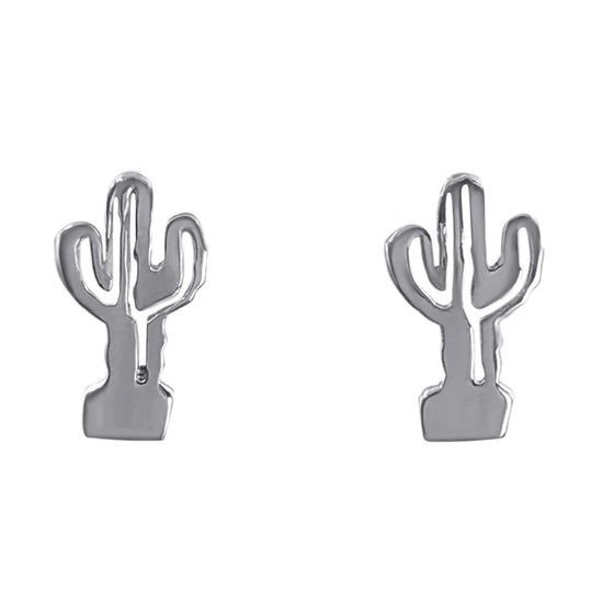 Sterling Silver Flat Cactus Plant Stud Earrings - Desert Studs