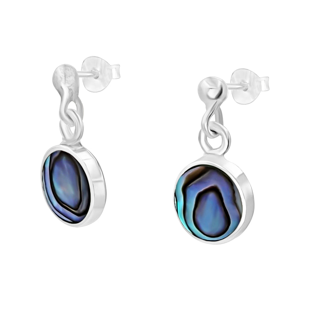 Sterling Silver Round Abalone Shell Drop Earrings - Gemstone Studs