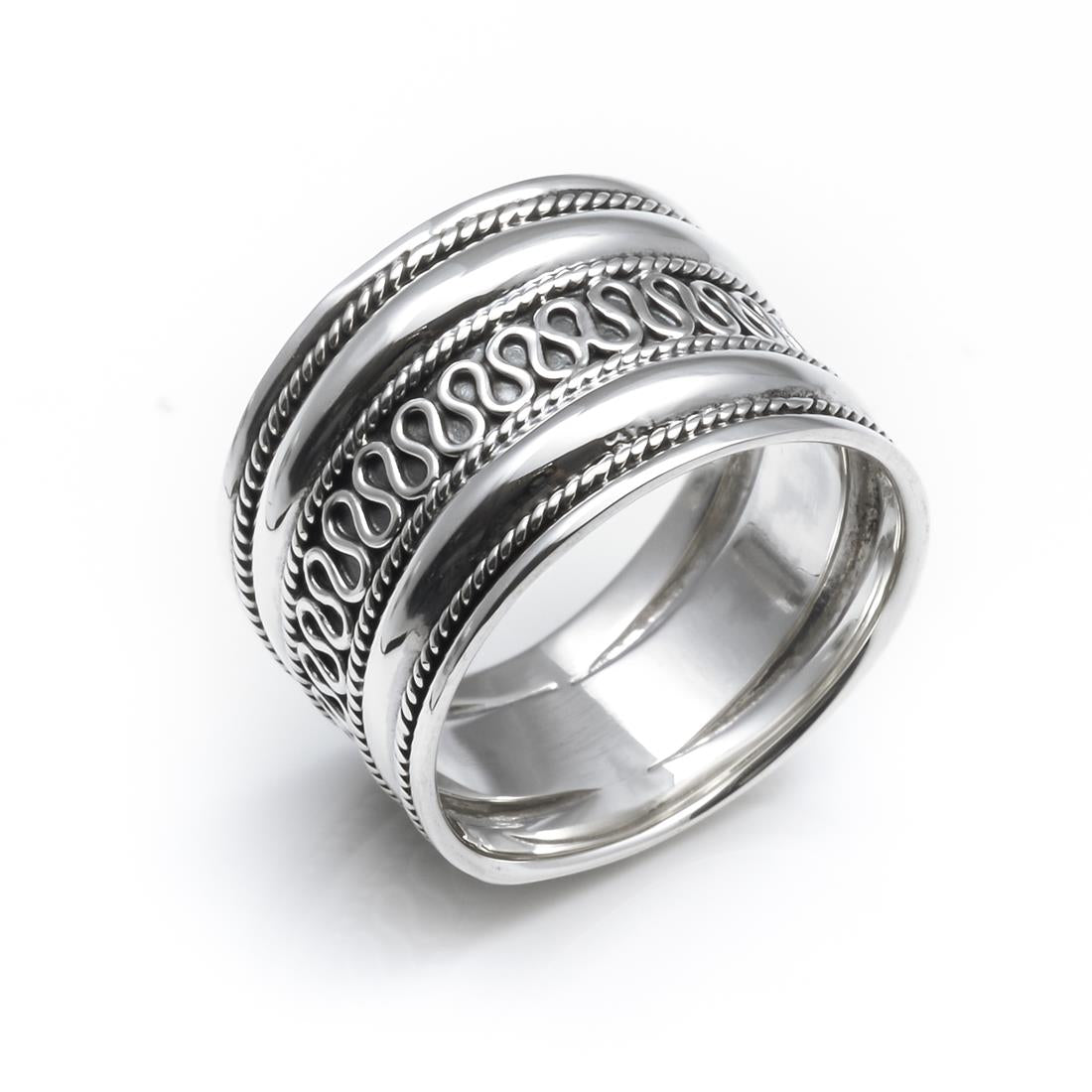 
                  
                    Sterling Silver Chunky Bali Rope Ring Scrollwork Barrel Design
                  
                