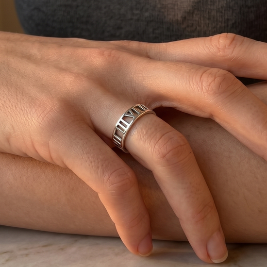 Sterling Silver Roman Numeral Band Ring - Cut-Out Design