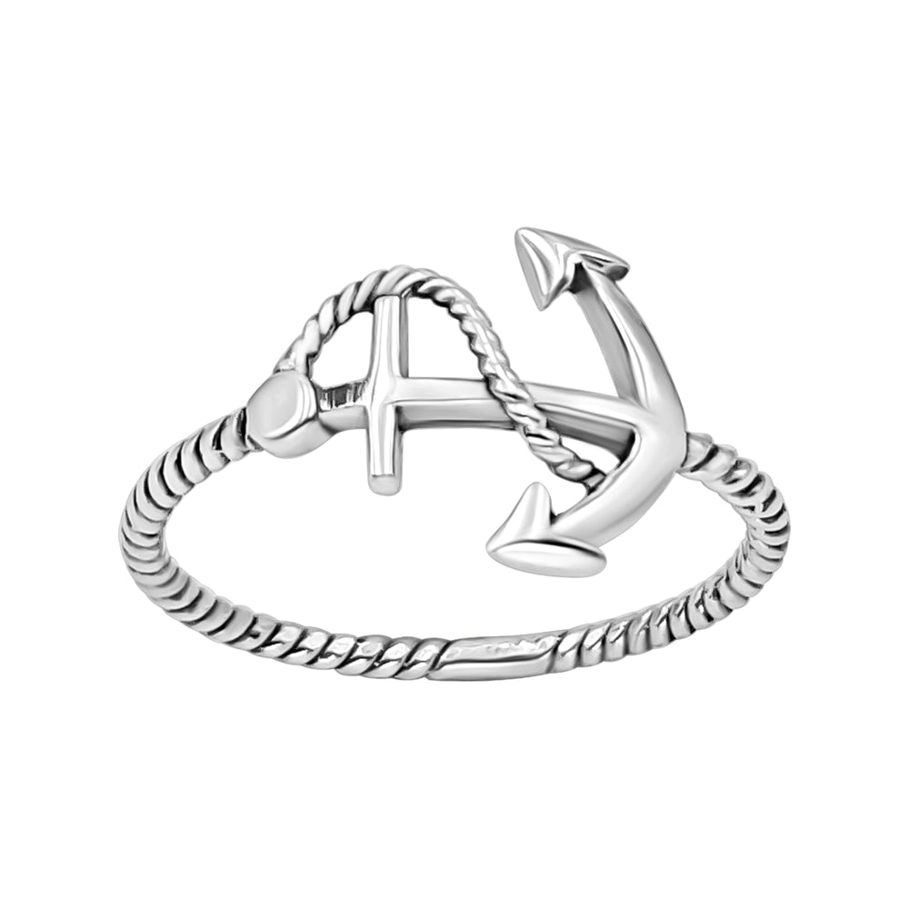 Sterling Silver Navy Anchor Twisted Rope Ring - Nautical Thin Band