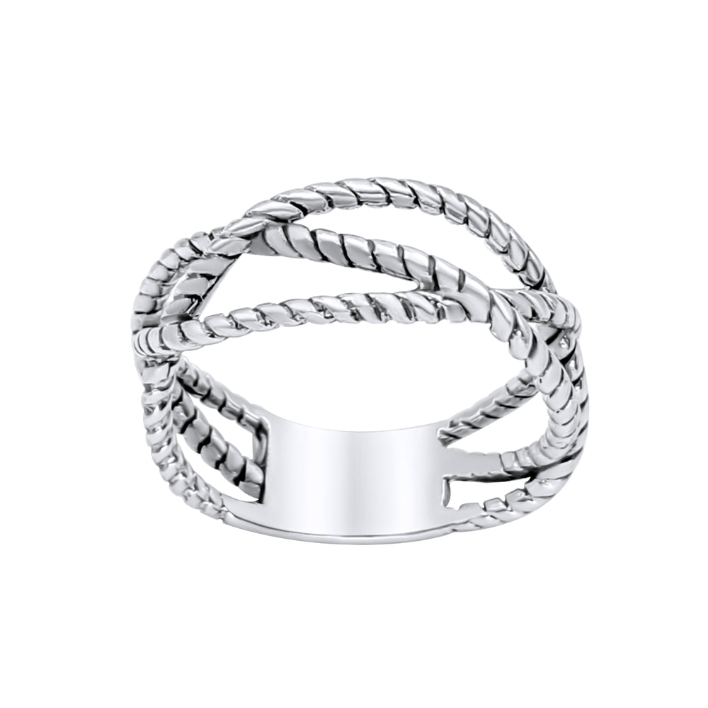 Sterling Silver Wide Twisted Rope Ring - Nautical Crossover Design