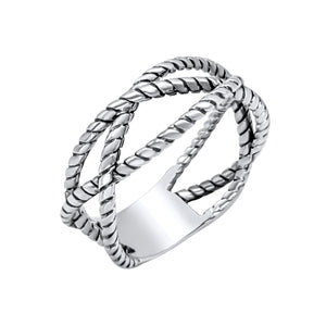 
                  
                    Sterling Silver Wide Twisted Rope Ring - Nautical Crossover Design
                  
                