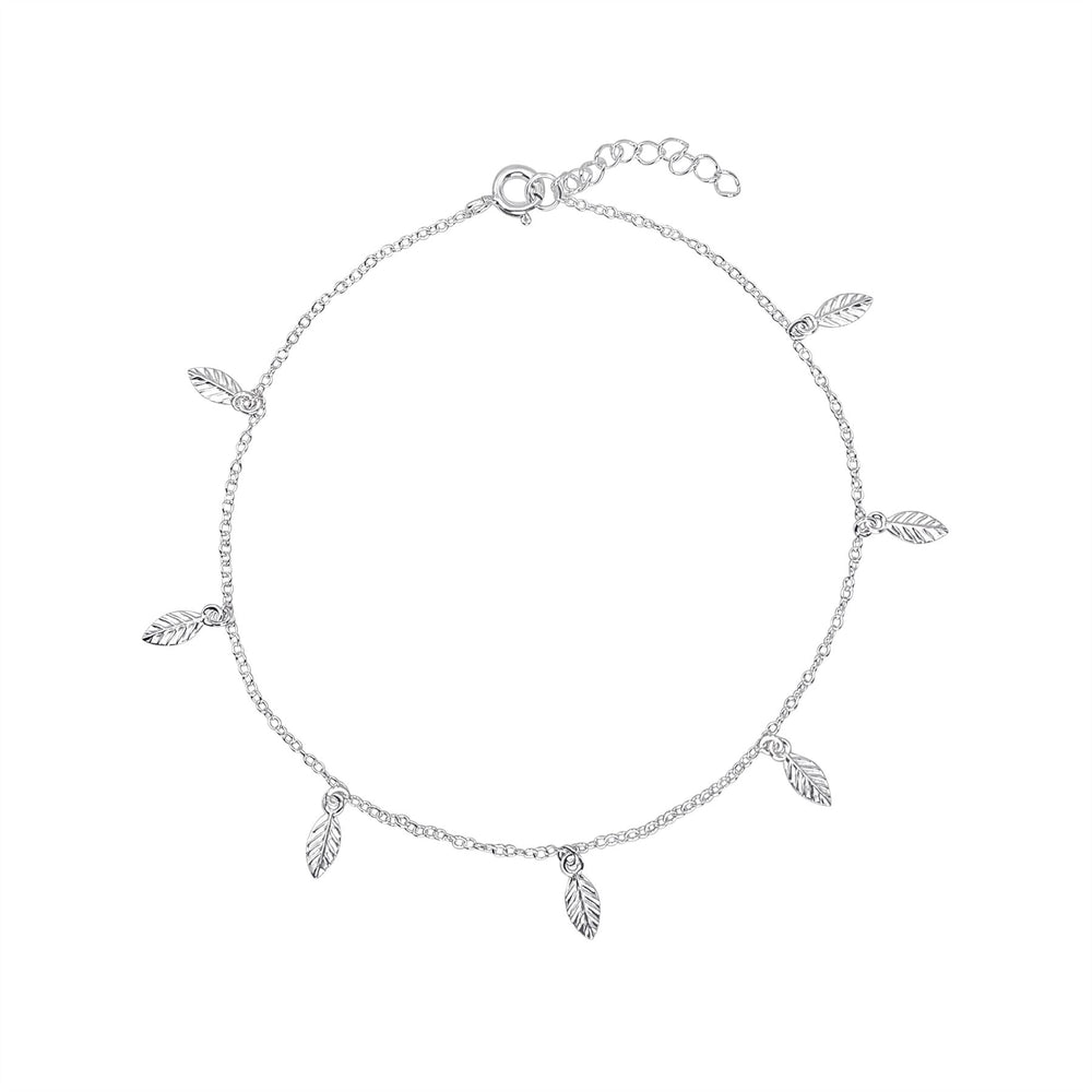 Sterling Silver Cable Chain Anklet - Hanging Leaf Charm Ankle Bracelet