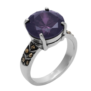 
                  
                    Sterling Silver Marcasite Solitaire Purple Round CZ Ring
                  
                