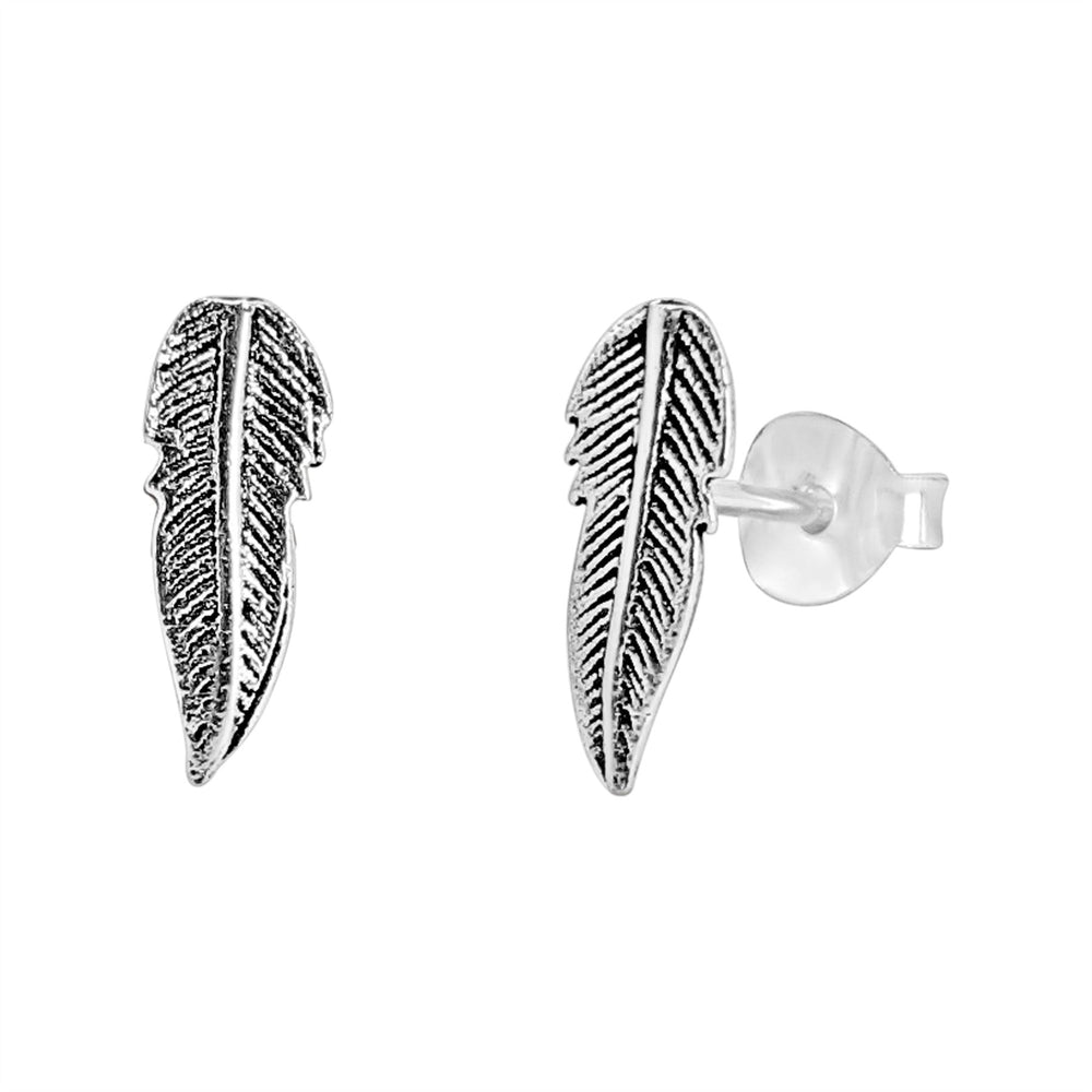 Sterling Silver Leaf Stud Earrings - Tiny Detailed Feather Studs